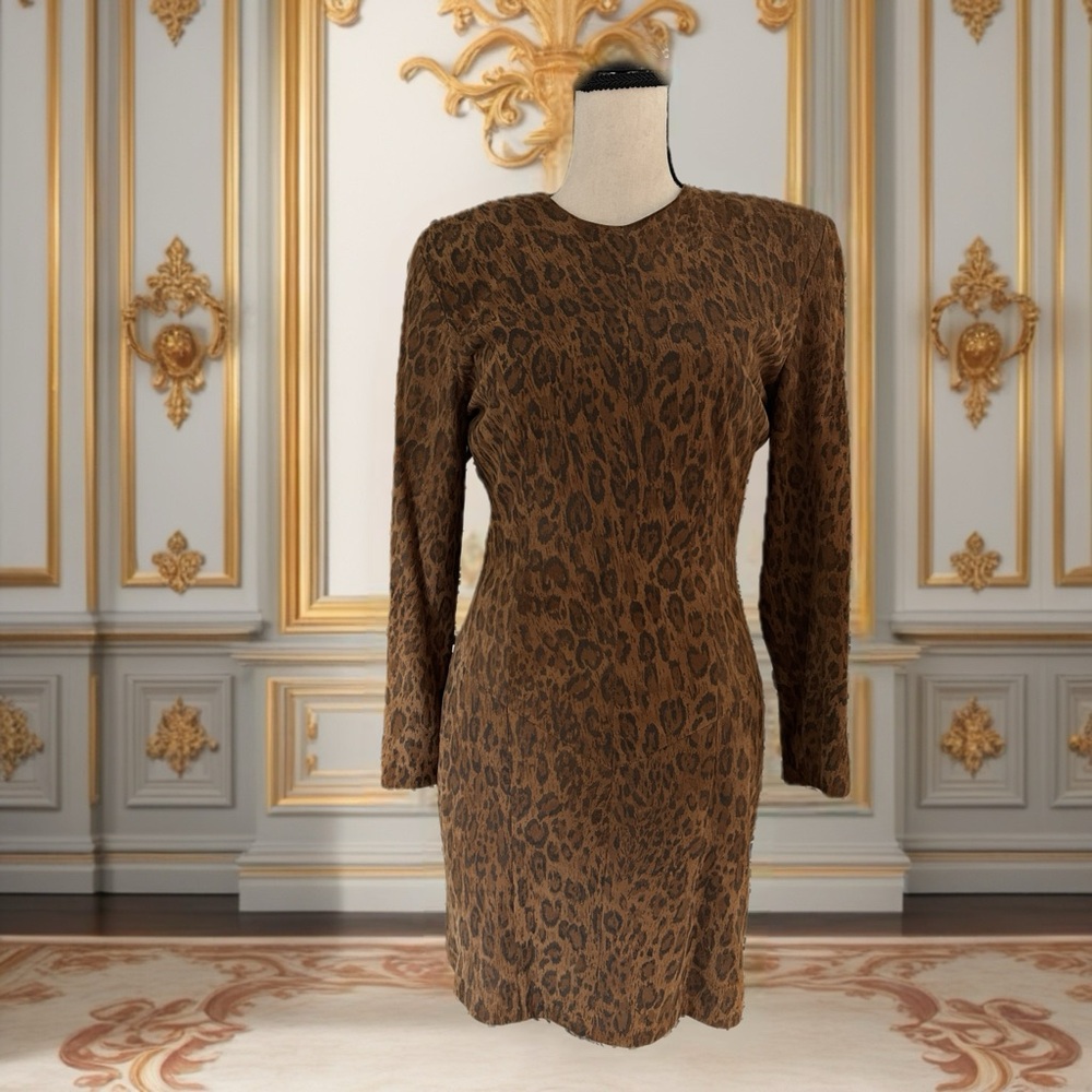 Chic Long Sleeve Leopard Print Suede Dress